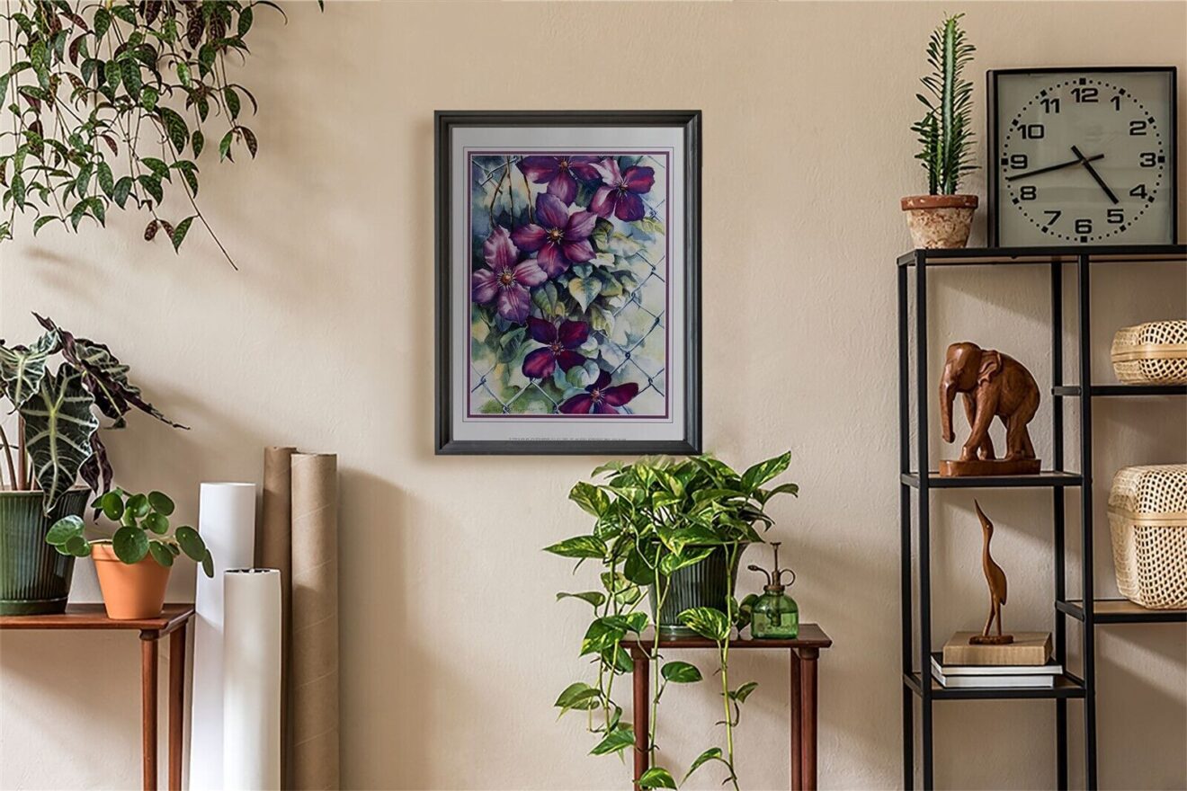 img 1 Purple Flowers on Fence - 11x14 Art Poster Print for Wall, Home Decor - Image 1