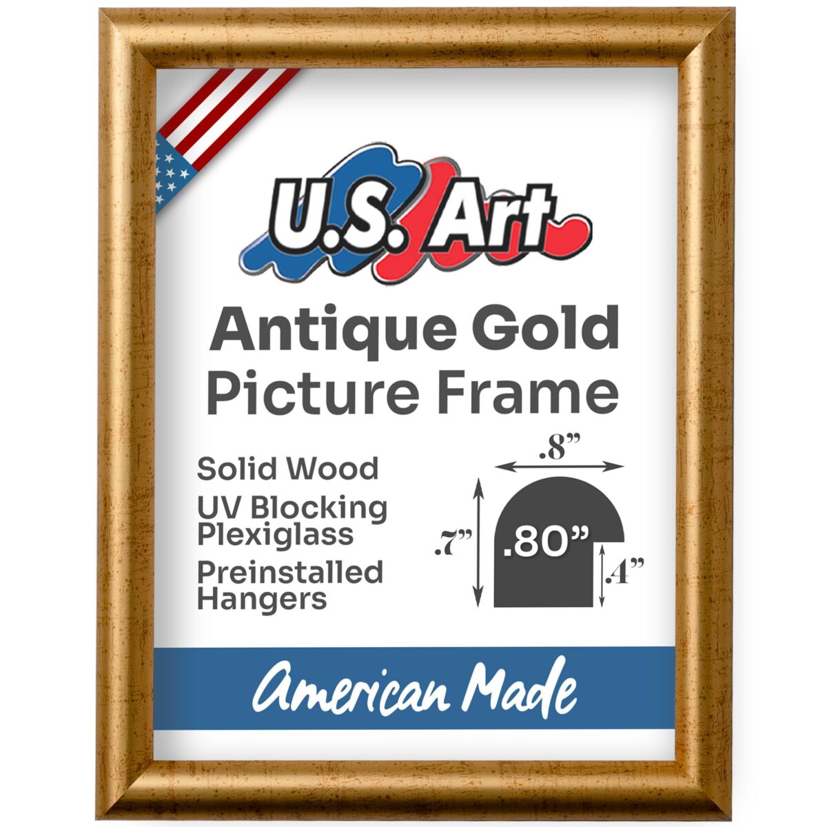 Antique Gold .80 Inch Rounded Solid Wood Picture Frame for Wall Decor, Handmade in USA with UV Plexiglass & Hangers - Image 1