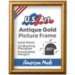 Antique Gold .80 Inch Rounded Solid Wood Picture Frame for Wall Decor, Handmade in USA with UV Plexiglass & Hangers
