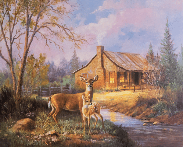 2 Deer by a House by Carroll, Art Poster Print for Wall, Home Decor