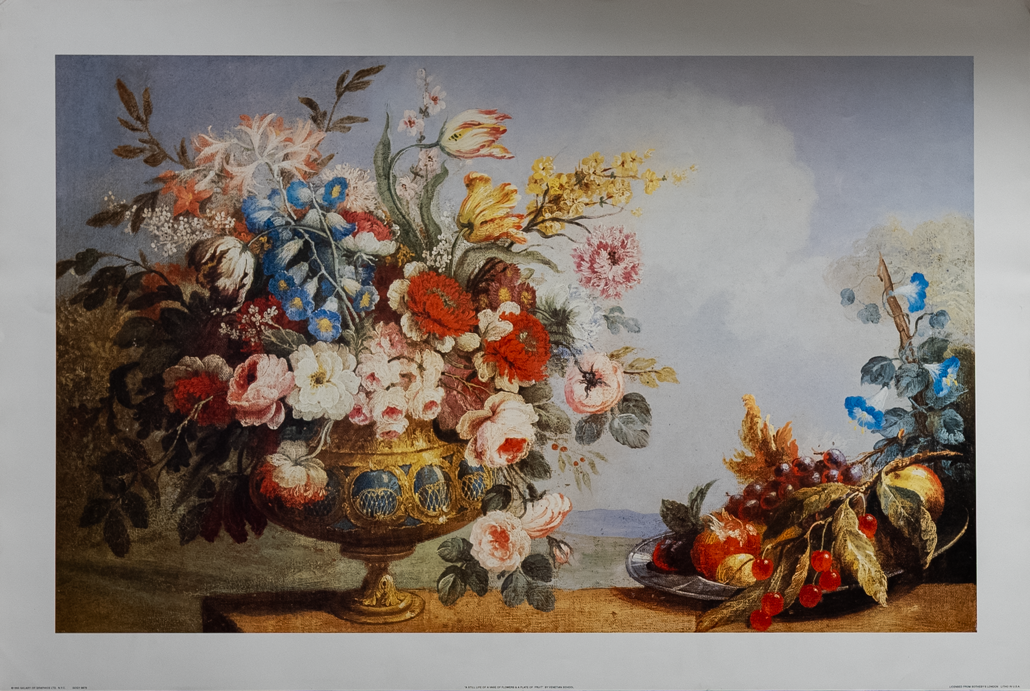 A Still Life Of A Vase Of Flowers And A Plate Of Fruit by Venitian School, Art Poster Print for Wall, Home Decor