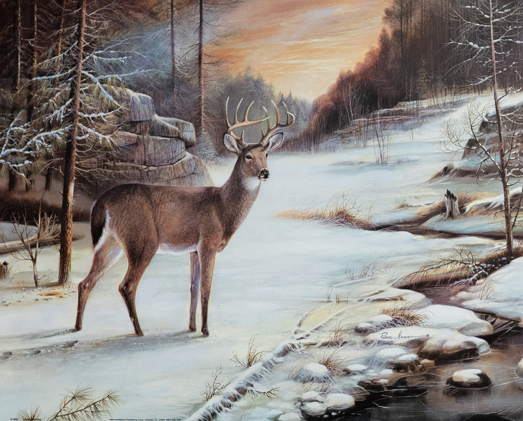 Deer in Snow by Manninh, Art Poster Print for Wall, Home Decor