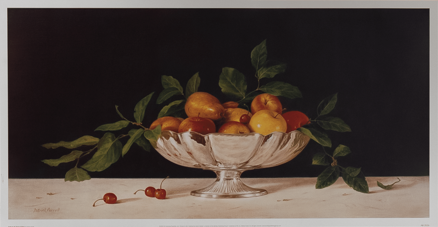 Fruit in an Oval of Silver by Farrell, Art Poster Print for Wall, Home Decor - Image 1