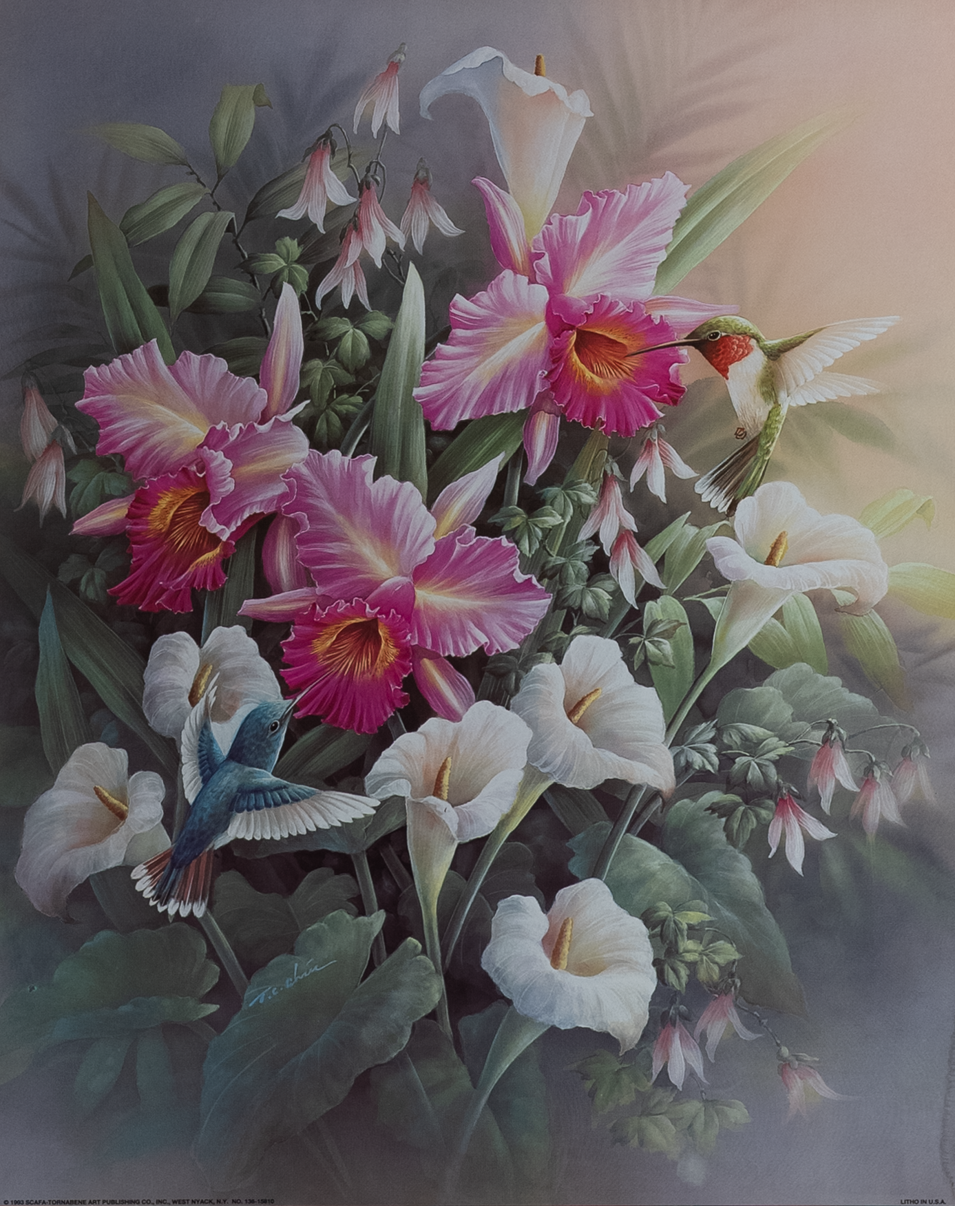 Hummingbirds With Flowers I, Art Poster Print for Wall, Home Decor