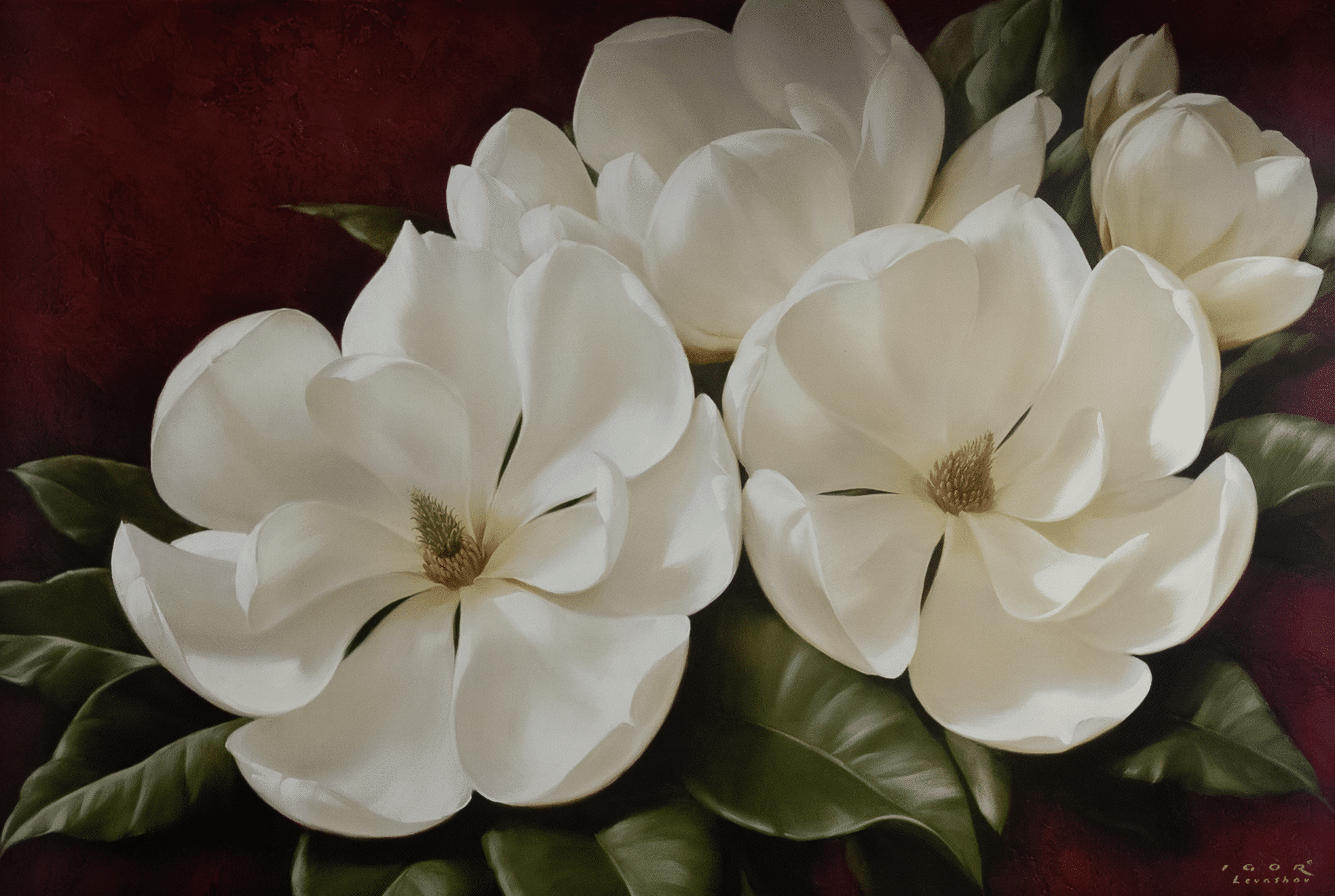 Magnolia Crimson II by Levashov, Art Poster Print for Wall, Home Decor