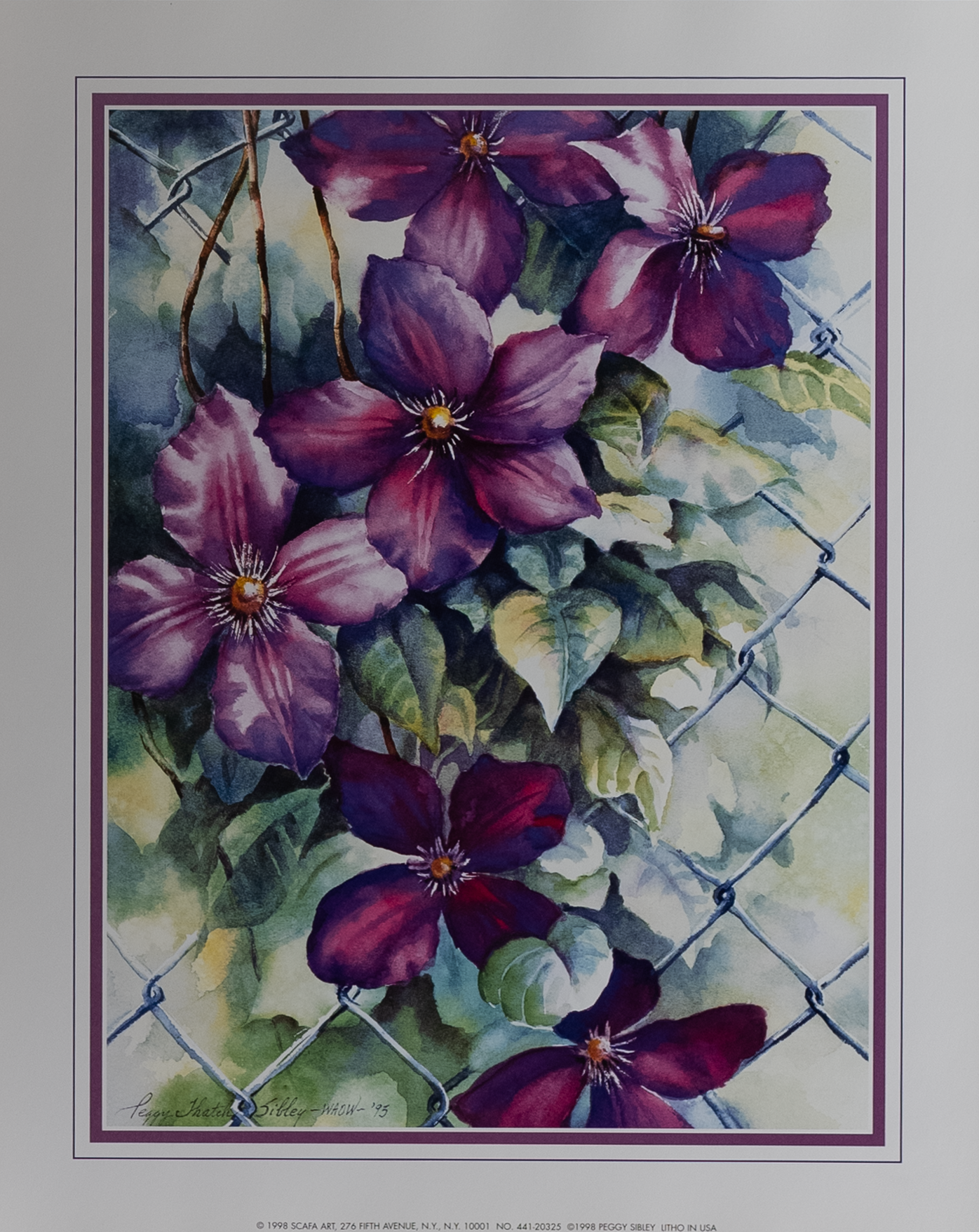 Purple Flowers on Fence, Art Poster Print for Wall, Home Decor