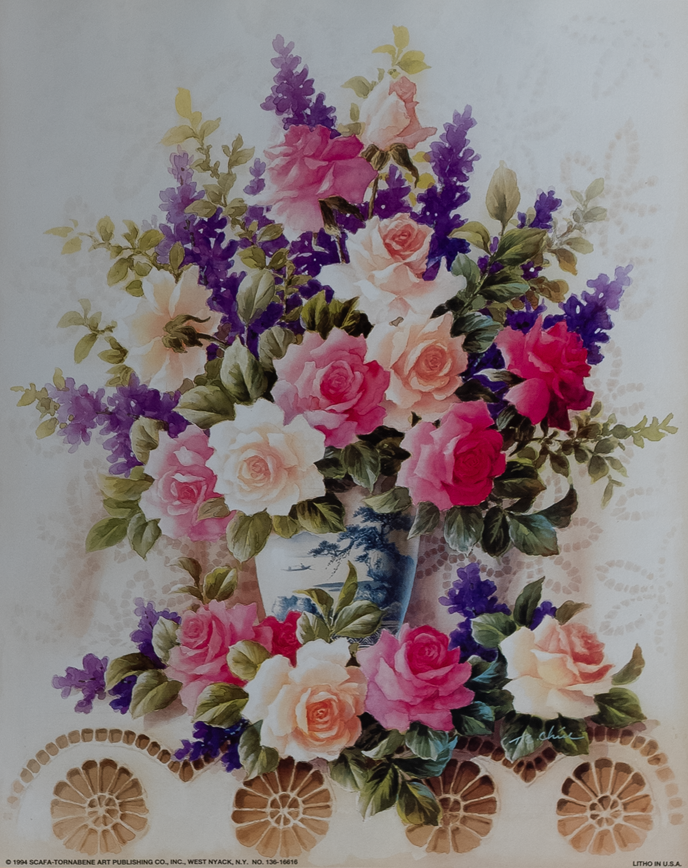 Vase With Pink Flowers by Chin, Art Poster Print for Wall, Home Decor